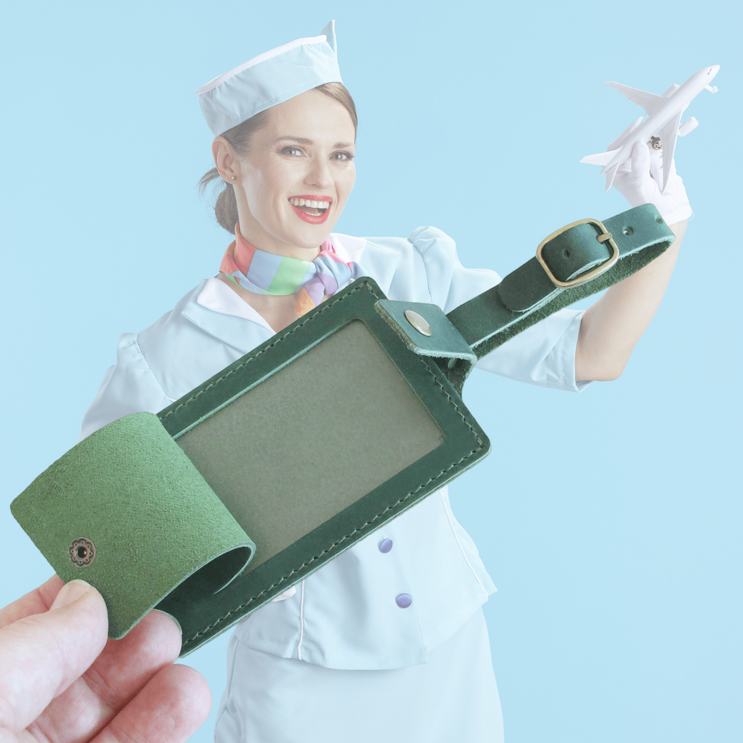 Green leather luggage tags