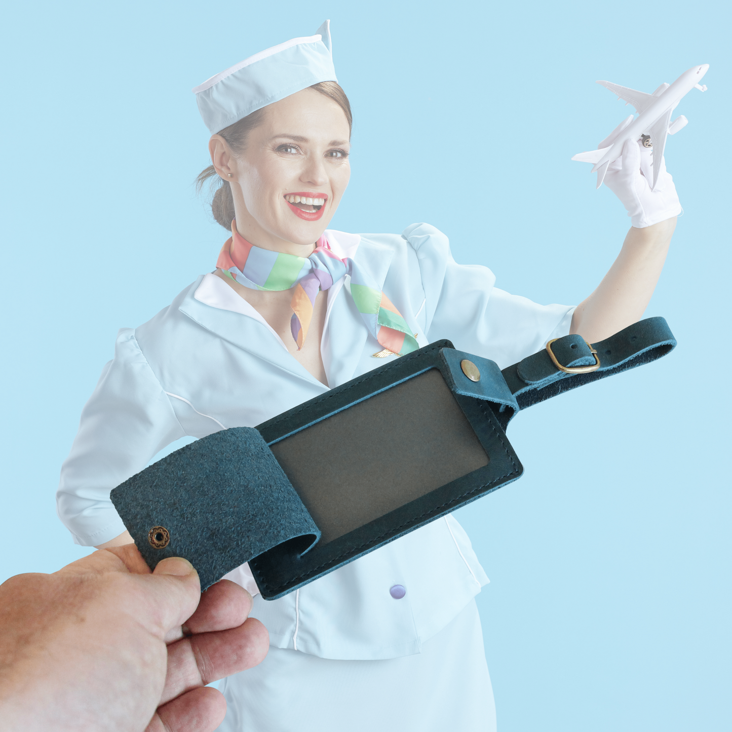 Blue leather luggage tag
